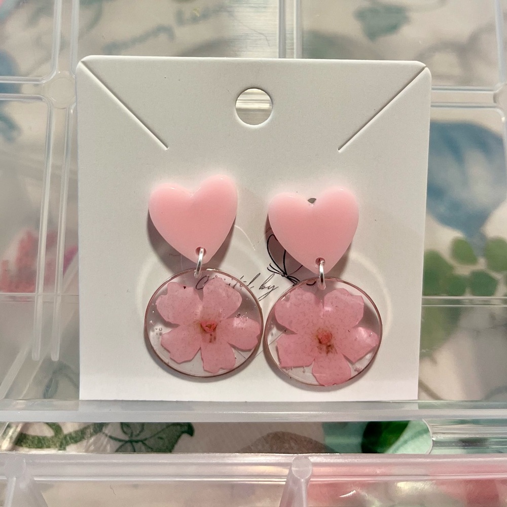 Handmade Resin Pink Heart & Flower Earrings